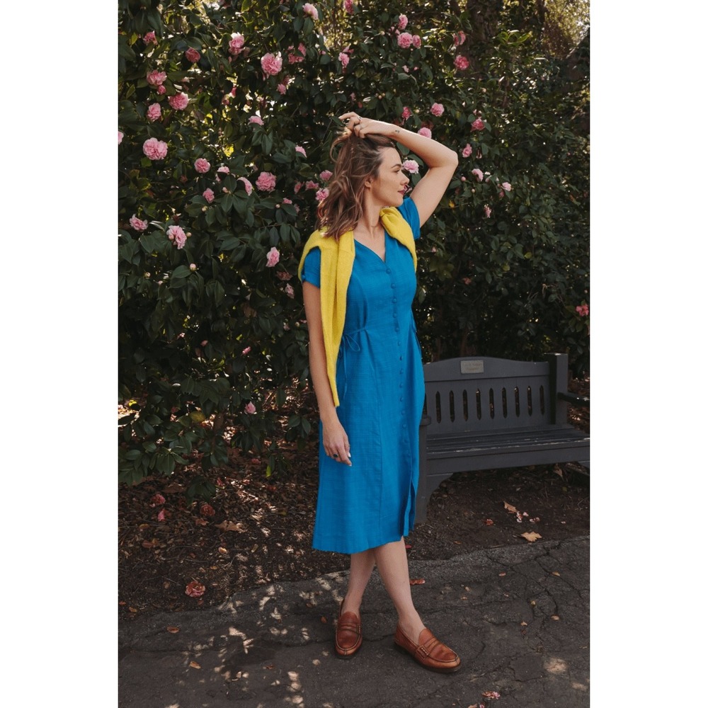 Oddbird Dilek Midi Dress Womens L Spring Blue Cotton Gauze Button Front Boho - Picture 2 of 10